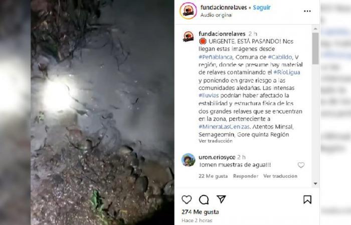 Sie berichten von einem Zusammenbruch von Bergbaurückständen aufgrund von Regenfällen in der Region Valparaíso mit Abfluss in den Fluss