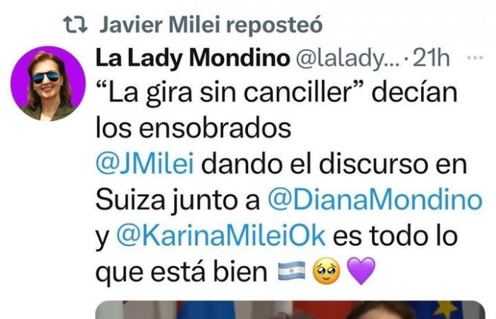 Inmitten der Exit-Versionen von Diana Mondino unterstützte Milei die Kanzlerin mit einem Retweet