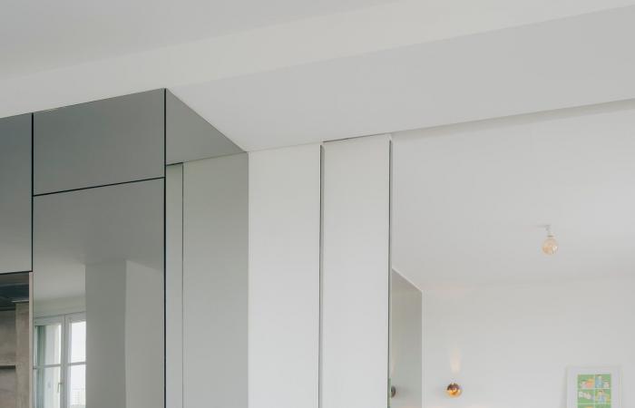 Eine kleine minimalistische Wohnung wächst dank der Verwendung von Spiegeln