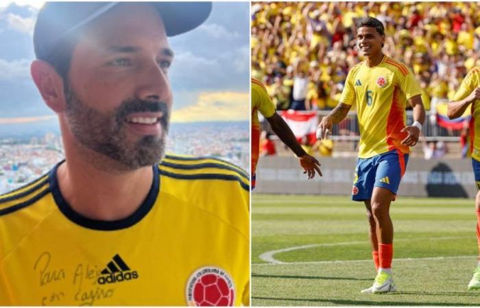 Alejandro Estrada präsentiert nach dem Triumph der „La Tricolor“ ein von einem Spieler der kolumbianischen Nationalmannschaft signiertes Trikot
