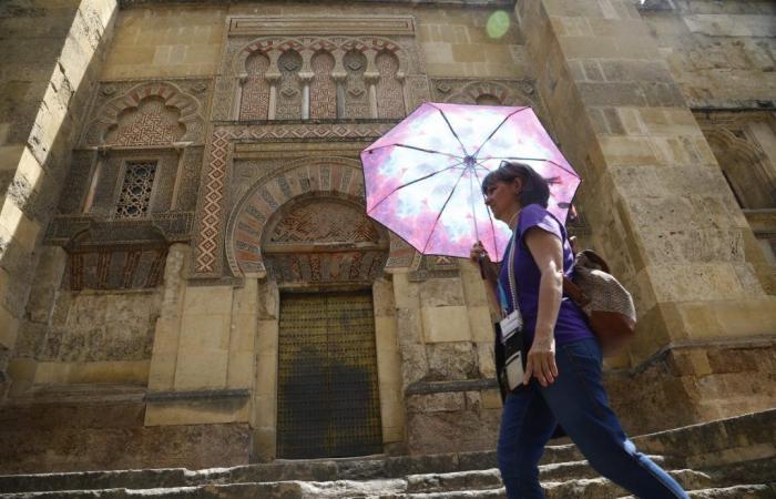 Starke thermische Belastung, ein Touristenspaziergang durch Córdoba im Sommer