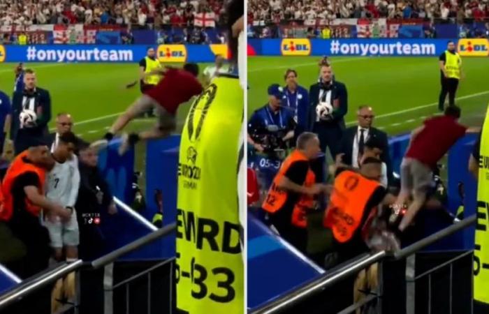 Wahnsinn bei der Europameisterschaft für Cristiano Ronaldo: Ein Fan sprang zur Begrüßung von der Tribüne, verletzte ihn fast und stürzte eine Treppe hinunter